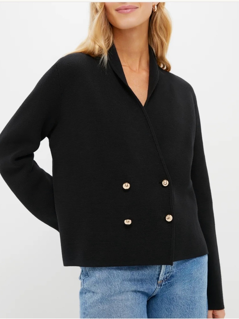 Tuckernuck Black Double-Breasted Knit Cardigan with Gold Buttons
